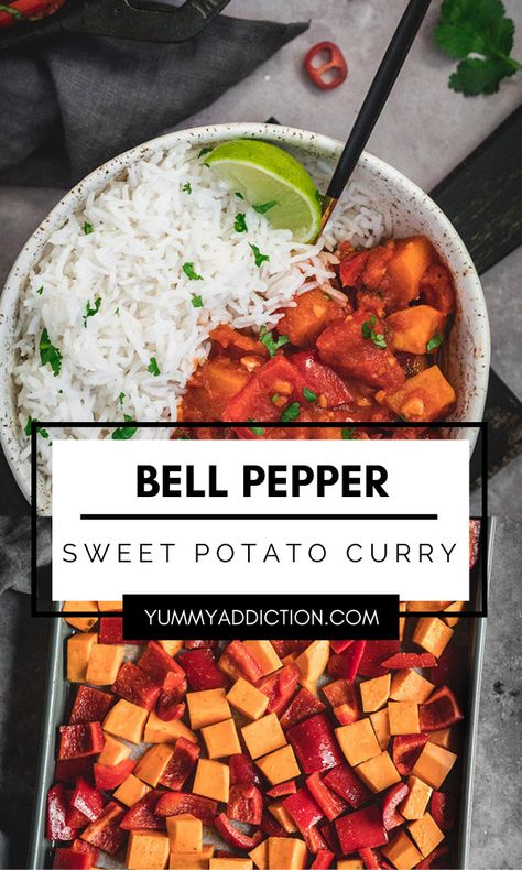 Bell Pepper Recipes Healthy, Best Vegetable Curry, Curry With Sweet Potatoes, Vegan Stuffed Bell Peppers, Sweet Pepper Recipes, Sweet Potato Curry, Bell Pepper Recipes, Meatless Dinner, Chicken Sweet Potato