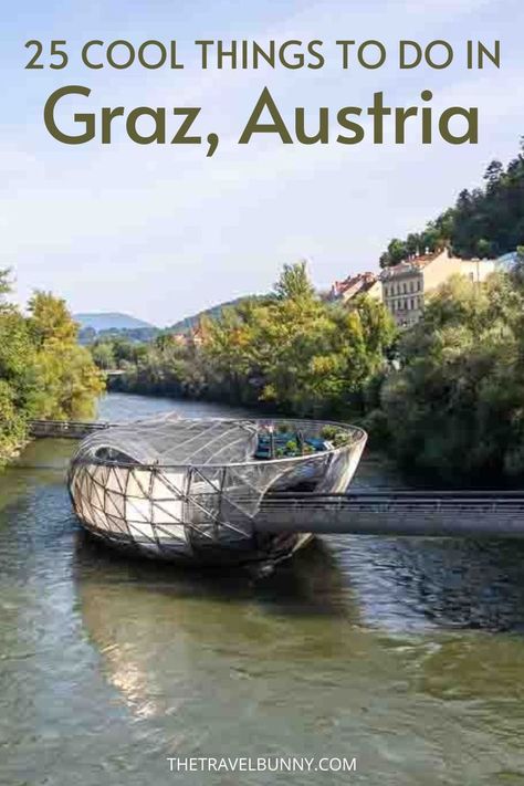 Murinsel, a geometric glass island floating on the Mur River in Graz, Austria Graz Austria, Cool Things To Do, Austria Travel, Sustainable Tourism, Europe Vacation, Going Green, Sustainable Travel, Cool Things, To Infinity And Beyond