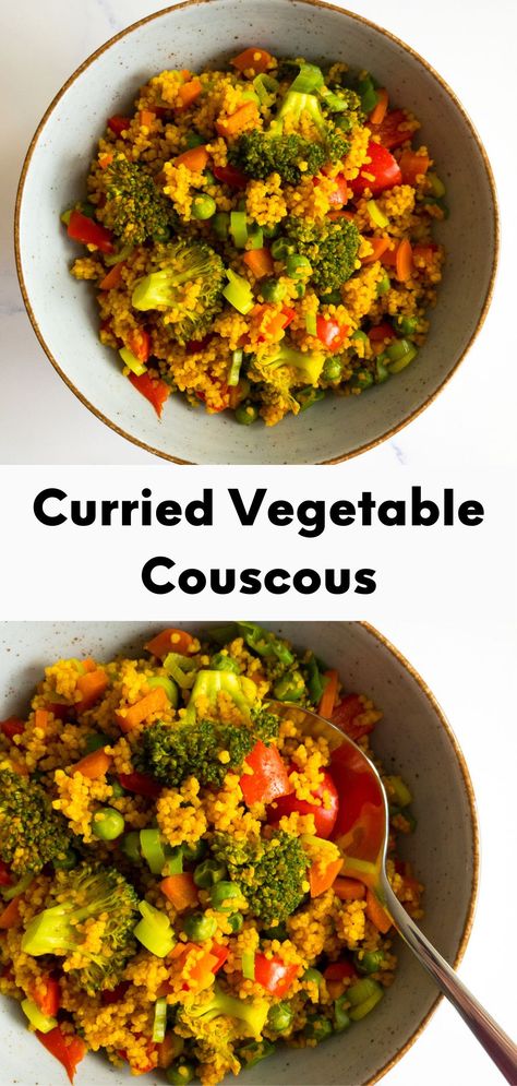 This curried vegetable couscous recipe is perfect for a quick, healthy, and delicious dinner! It is super flavorful, full of nutritious vegetables, and pairs perfectly with a variety of main dishes if served as a side dish. #couscous #healthy #recipe #dinner #easy Vegan Couscous Recipes, Vegetable Couscous Recipes, Veggie Couscous, Couscous Healthy, Curried Couscous, Couscous Dishes, Vegetable Couscous, Couscous Recipe, Recipes By Ingredients