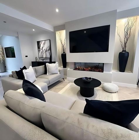 Modern Apartment Living Room, White Living Room Decor, Apartment Decorating Living, Apartment Living Room Design, Black Living Room, Dream Apartment Decor, Future Apartment Decor, Living Room Decor Cozy, Home Design Living Room