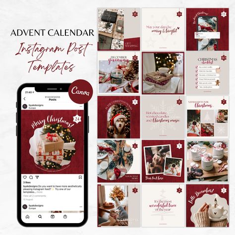 Make your holiday marketing easy and create a magical Instagram Christmas feed with this advent calendar post template!  What's included? - 24 Instagram Post templates in 1080px x 1080px (fully editable on Canva). Find the link to the template in the PDF file. How does it work? - Add the templates to your cart for purchase. Once payment is received you will receive a PDF with instructions and a link to your templates. They are completely customizable meaning you can edit the text, colors, images Christmas Instagram Feed Design, Holiday Feed Instagram, Christmas Instagram Post Design, Christmas Calendar Design, Christmas Posts Ideas, Social Media Advent Calendar, Advent Calendar Social Media, Christmas Instagram Templates, Instagram Advent Calendar