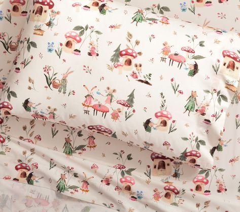 Mice & Friends Organic Sheet Set | Pottery Barn Kids Toadstool Bedroom, Mushroom Sheets, Mushroom Nursery Theme, Mushroom Bed, Forest Baby Rooms, Mushroom Bedroom, Enchanted Forest Nursery, Woodland Kids Room, Forest Foliage