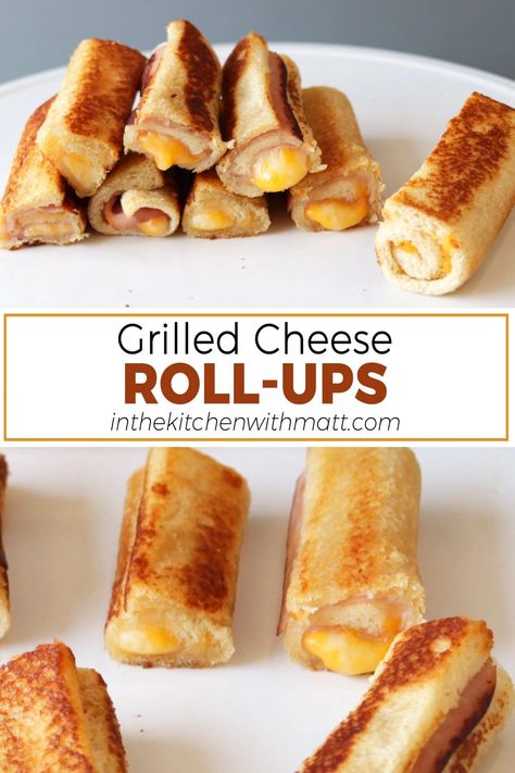 Grilled cheese roll ups pin for Pinterest Roll Up Grilled Cheese, Grilled Cheese Lunch For Kids, Kids Roll Ups For Lunch, Kids Sandwich Ideas Schools, Rolled Grilled Cheese Sandwich, Rolled Grilled Cheese, School Lunch Baking Ideas, Grill Cheese Appetizer, Grilled Cheese For Party