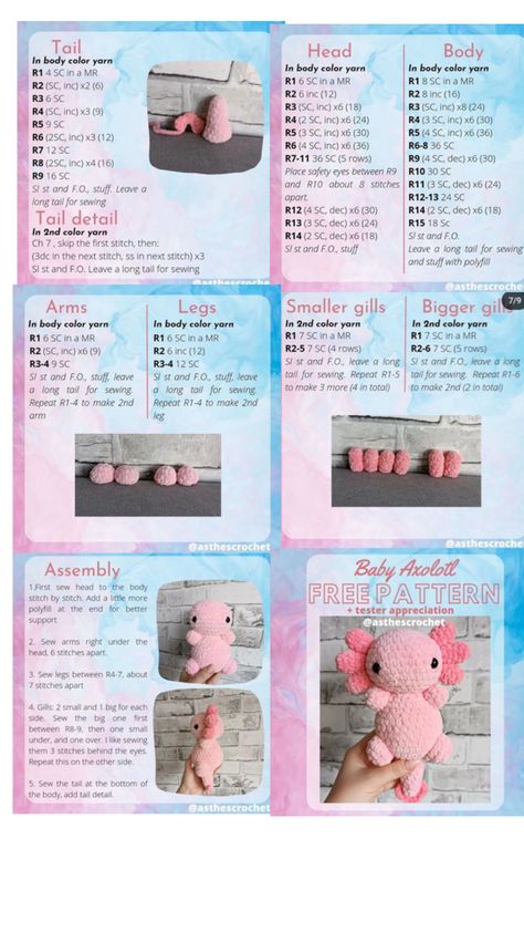 NOT MINE Axolotl Crochet, Baby Axolotl, Crochet Diy Tutorial, Easy Crochet Animals, Crochet Patterns Free Beginner, Beginner Crochet Tutorial, Crochet Tutorial Pattern, Quick Crochet Patterns, Pola Amigurumi