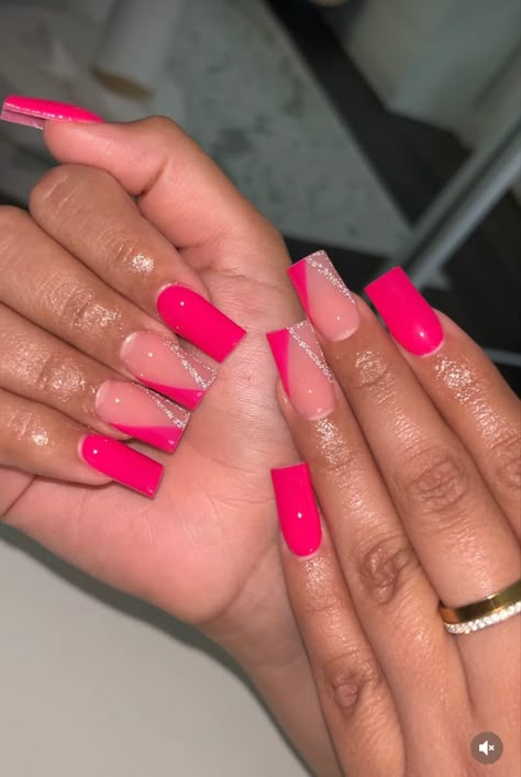 Dark Pink Nails Acrylic Art Designs, Mix Match Color Nails, Short Nail Designs Hot Pink, Pink Nail Designs On Black Women, Cute Acrylic Nails For Black Women, Hot Pink Short Nails Art Designs, Summer Nail Colors Short Nails, Acrylic Nail Ideas Black Women, Very Square Acrylic Nails