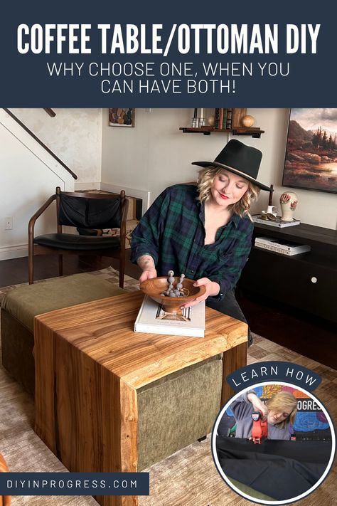 A live edge coffee table fits perfectly over a storage ottoman. Ottoman Waterfall Table, Ottoman Under Coffee Table, Diy Storage Ottoman Coffee Table, Ottoman Coffee Table Ideas, Ottoman As Coffee Table, Diy Ottoman Coffee Table, Upholstered Ottoman Coffee Table, Coffee Table Bowl, Diy Storage Ottoman