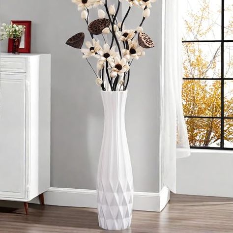 White Ceramic Floor Vase 24" Tall Flower Vase for Pampas Grass Modern Decorative Large Vase with Sleek Glossy Glaze & Simple Origami Design Minimalist Style for Living Room Office Home Decor Tall Floor Vase Arrangements, Tall Floor Vase Ideas, January Decor Ideas, Large Vase With Flowers, Floor Vase Arrangement, Floor Vases Decor, White Ceramic Floor, Tall Vase Arrangements, Vase For Pampas