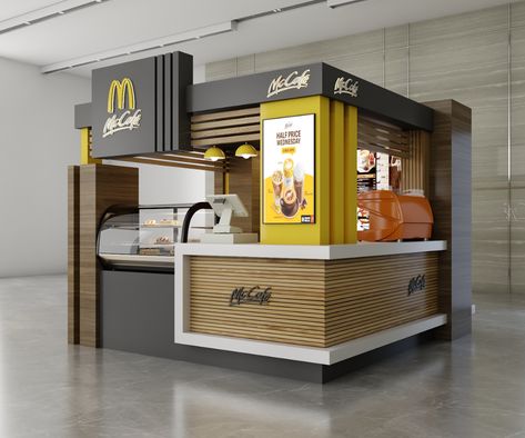 McDonald's Kiosk Design on Behance Food Stand Design, Food Stall Design, Starbucks Design, Bar Counter Design, Mall Kiosk, Food Kiosk, Exhibition Stall Design, Food Cart Design, Door Design Images