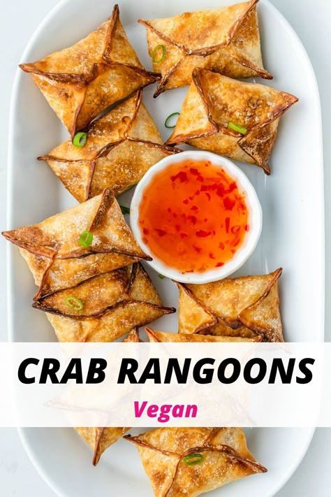 Dairy Free Crab Rangoon Dip, Dairy Free Crab Rangoon, Vegan Cream Cheese Wontons, Vegetarian Crab Rangoon, Vegan Wonton Filling, Fancy Vegan Appetizers, Vegan Asian Appetizers, Vegan Wonton Recipes, Vegan Crab Rangoon