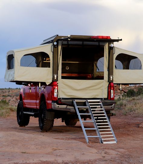 Canopy Camping System | Far-Out Camping Company Diy Spotlight, Pickup Truck Camper, Truck Topper, Canopy Camping, Truck Canopy, Luxury Campers, Truck Toppers, Custom Camper Vans, Slide In Camper