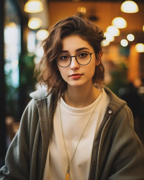 Short Brown Hair Styles, Portrait Drawing Reference, Dark Academia Women, Glasses Portrait, Portrait Reference Photos, Brown Hair Styles, Profile Reference, Video Graphy, Lighting Practice