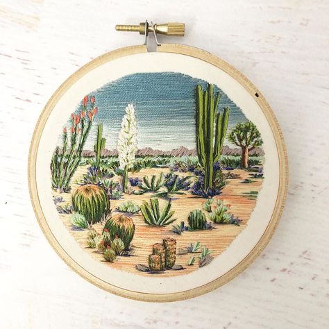 Embroider Ideas, Cactus Embroidery, Embroidered Hoop, Simple Hand Embroidery Patterns, Desert Scene, Contemporary Embroidery, Embroidered Art, Hand Work Embroidery, Cute Embroidery