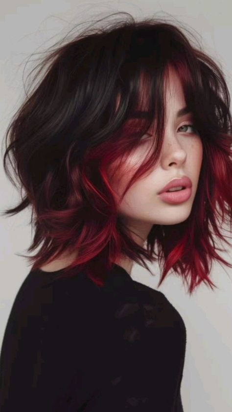 Red Hair Color Peekaboo, Colored Hair With Black Roots, Hair Color Ideas Unnatural, Red Hair Alternative, Unnatural Hair Color Ideas, Dark Red Ombre Hair, Alternative Haircuts, Hairstyle Videos, Red Ombre Hair