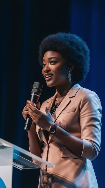 Speaking On Stage Aesthetic, Black Public Speaker Aesthetic, Public Speaker Aesthetic Women, Business Woman Speaking, Public Speaking Black Women, Women Public Speaking, Black Woman Ceo, Speaking Aesthetic, Ted Talk Black Woman