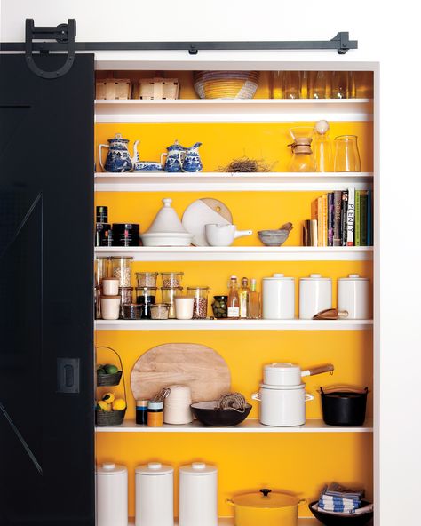 Add a Pop of Color Kitchens Open Shelving, Pantry Colors, Kitchen And Dining Room Remodel, Kitchen Pantry Shelves, Kitchen Cabinets Pantry, Tan Kitchen, Pantry Redo, Open Kitchen Layouts, Kitchen Design Color