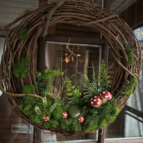 Mushroom Toadstool Large, Mossy Grapevine Wreath With Gold and Crystals, With Moss and Ferns, Forest Woodland Woods, Goblincore, Cottagecore - Etsy New Zealand Tree Of Life Wreath, Pine Scented Candle, Boot Charms, Dried Flower Art, Nursing Room, Doc Marten Boot, Grunge Boots, Cottagecore Style, Moon Crystal