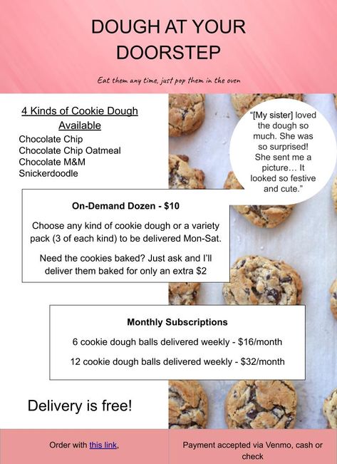 Cookie Dough Business, Cookie Cottage, Packing Idea, Cookie Stand, Frozen Cookie Dough, Baking Packaging, Bakery Menu, Beale Street, Frozen Cookies