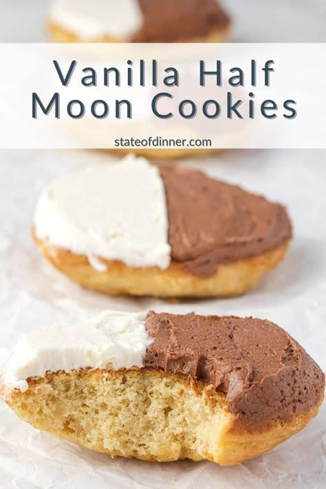 Vanilla Half Moon Cookies Utica Half Moon Cookies, Vanilla Half Moon Cookies, Halfmoon Recipe, Half Moon Cookies Recipe, Half Moon Cookies, New Cookie Recipes, Moon Cookies, Fair Foods, Baking Breakfast