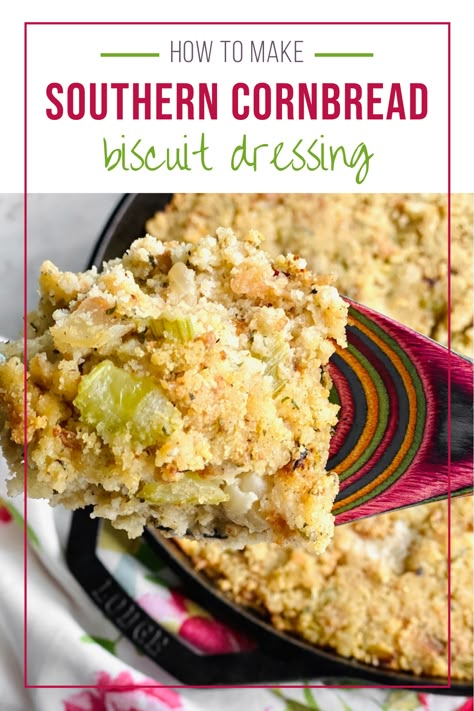 Make Southern Cornbread Biscuit Dressing the old fashioned way from scratch! Homemade cathead biscuits, White Lily cornbread and savory herbs create this amazing dressing just like Granny used to make! Perfect for Thanksgiving, Christmas, or as a southern side to poultry and pork. | QuicheMyGrits.com Cornbread And Biscuit Dressing Southern, Cornbread Dressing With Biscuits, Cornbread And Biscuit Dressing, Biscuit And Cornbread Dressing, Cornbread Biscuit Dressing, Old Fashioned Southern Cornbread Dressing, Old Fashion Cornbread Dressing Southern Style, Southern Cornbread Dressing, Homecooked Meals Southern