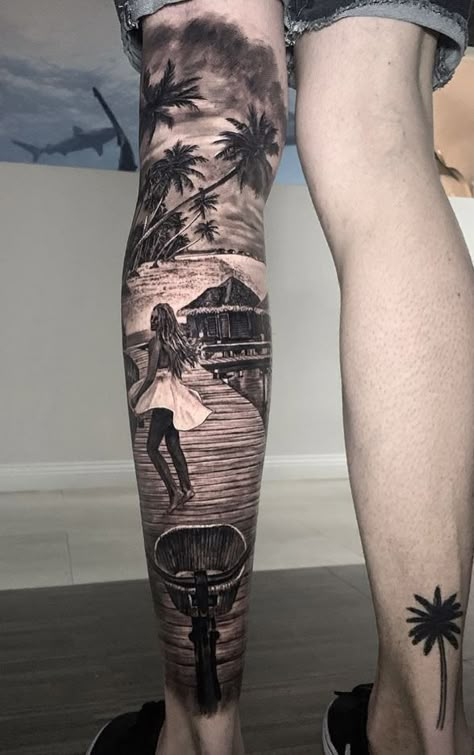 340+ Beach Tattoo Designs (2023) - TattoosBoyGirl Beach Tattoo Sleeve, Florida Tattoo Ideas For Men, Tattoo Ideas On Leg, Strand Tattoo, Niece Tattoo, Beach Inspired Tattoos, Beach Tattoo Ideas, Big Tattoos, Nature Tattoo Sleeve