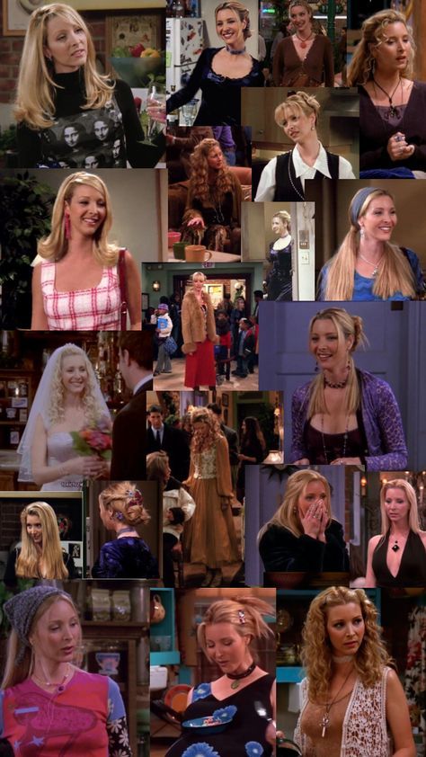 Phoebe Buffay 💛 Phoebe Buffay 90s Outfits, Phoebe Buffay Friends, Phoebe Buffay Accessories, Friends Phoebe Hair, Phoebe Buffay Aesthetic Moodboard, Phoebe Hairstyles Friends, Phebeo Buffay Style, Phebeo Buffay Outfits, Phoebe Buffay Hairstyles