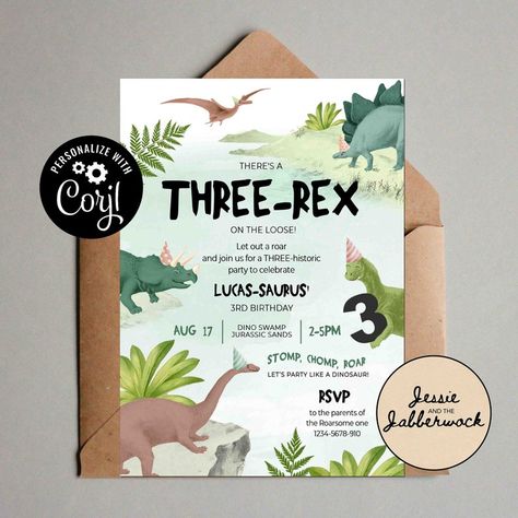 Dino Party Invitation, 3rd Birthday Party For Boy, Dinosaur Party Invitations, Dinosaur Birthday Theme, Dinosaur Themed Birthday Party, Dinosaur Birthday Invitations, Invite Design, Dino Birthday Party, Third Birthday Party