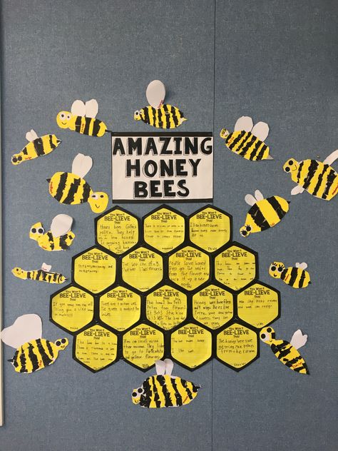 Honey bee info written on hexagons and collage bees. The kids loved it! I got the idea from the website on the following link. Bee Theme Crafts, Bee Art For Kids, Bee Project, Bee Crafts For Kids, Bee Craft, Bee Themed Classroom, Bee Activities, Mini Beasts, Bee Classroom