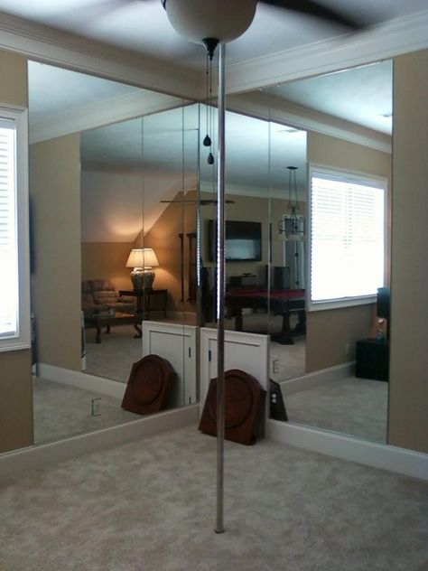 Dancing pole with mirrors for those really crazy party nights when Aunt "____" has a little to much to drink & has the need to dance on a pole! Pole Dancing Room Ideas, Pole Dancing Room, Dancing Room, Dancing Pole, Pole Dance Studio, Home Dance Studio, Pole Dancing Videos, Dance Rooms, Home Dance