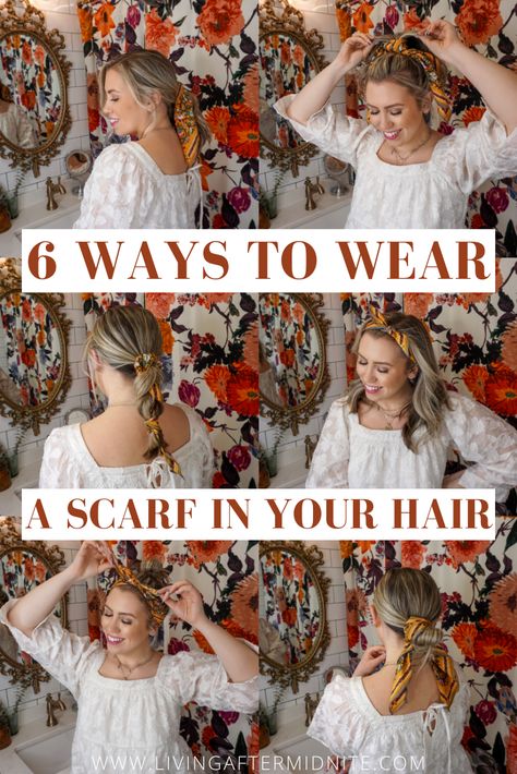 6 Ways to Wear a Scarf in Your Hair - living after midnite Medium Length Grey Hair, Hair Scarf Ideas, Summer Hair Tutorials, How To Fold Scarf, Hair Scarf Tutorial, Fun Kid Crafts, Twisted Scarf, Fashion Date Night, Wearing A Scarf