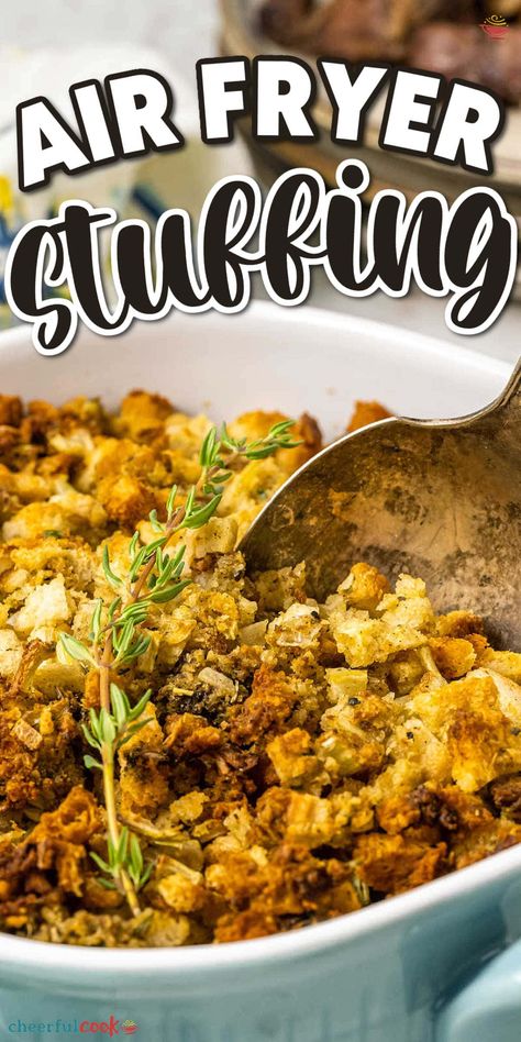 Discover how to make the best Air Fryer Stuffing. This recipe is simple, quick, and full of flavor, perfect for when the oven is full, and you can use the air fryer instead Ideal for holidays or any busy day. #CheerfulCook #SideDish #Stuffing #AirFryerSideDish #Thanksgiving #AirFryerStuffing #EasyRecipes ♡ cheerfulcook.com Air Fryer Stuffing, Vegetarian Stuffing Recipe, Leftover Stuffing Recipes, Vegetarian Stuffing, Stew Dinner, Roasted Carrots And Parsnips, Thanksgiving Stuffing Recipes, Pork Casserole, Bread Dressing