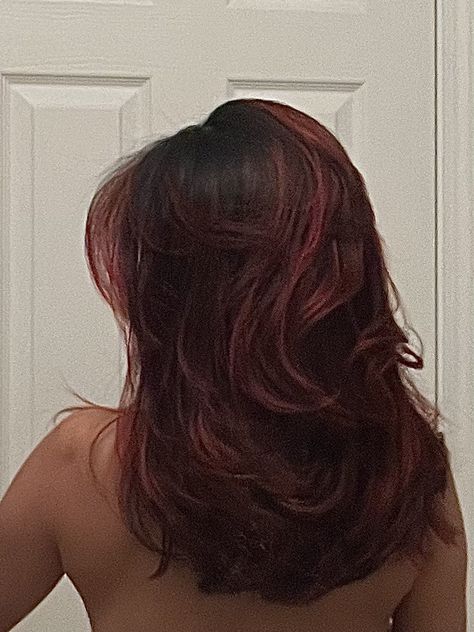 Medium Length Layered Red Hair, Red Medium Length Hair With Layers, Dark Red Hair Blowout, Cherry Red Hair With Layers, Mid Length Dark Red Hair, Medium Brown Hair With Red Tint, Cherry Red Hair Medium Length, Layered Red Hair Medium, Red Hair Layers Medium