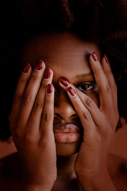 Hands To Face Reference, Covering Face With Hands Pose, Hands In Hair Pose, Hands Covering Face Drawing Reference, Hidden Face Photography Ideas, Woman Covering Face With Hands, Black Woman With Afro, Face With Hands, Woman With Afro