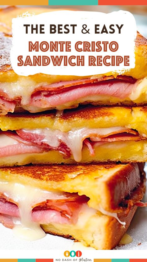 Whip up a delicious Monte Cristo Sandwich! Savory ham, melty gruyere, nestled between golden, egg-dipped bread slices. Perfect for brunch or a treat any day. Quick, easy, and utterly satisfying, this recipe promises to delight your taste buds. Ready in just 15 minutes, it's a must-try for sandwich lovers. Pin this recipe now and make your next meal a memorable one! Ham Sandwich Recipes, Monte Cristo Sandwich Recipe, Sandwich Inspiration, Gluten Free Holiday Recipes, Savory Ham, Bacon Dressing, Eat Meals, Monte Cristo Sandwich, Panini Recipes