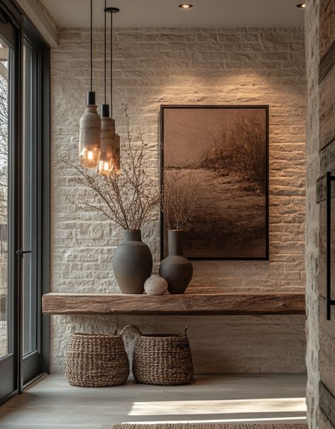 Neutral Home Aesthetic With Black, Wooden Wall Feature, Wood And Stone Home Interior, Rustic Foyer Ideas, Earthy Entryway Ideas, Small Wall Entryway Ideas, Modern Organic Entryway Ideas, Foyer Feature Wall, Entrance Foyer Wall Design