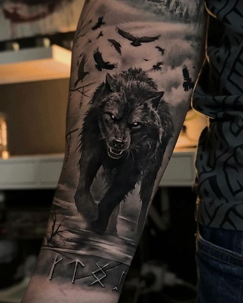 Vikings Tattoo Sleeve, Viking Animal Tattoo, Viking Arm Tattoo For Men, Snarling Wolf Tattoo, Wolf And Raven Tattoo, Dark Wolf Tattoo, Fenrir Tattoo Design, Wolf Tattoo Men, Dire Wolf Tattoo