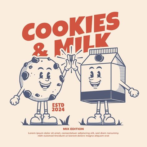 Milk And Cookies Illustration, Mascot Graphic Design, Retro Mascot Illustration, Cookie Character Design, Retro Food Illustration, Food Illustrations Vector, Retro Mascot Character, Round Character Design, Retro Character Illustration