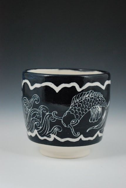 Porcelain Koi Fish Teabowl by Rebecca A. Grant. www.rgrantartworks.com Koi Ceramic, Pottery Sgraffito, Cup Pottery, Sgraffito Technique, Functional Ceramics, Pottery Cups, Sgraffito, Koi Fish, Clay Projects