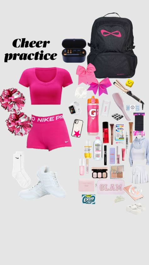 #cheer #cheerleader #cheers #cheerleading #cheerfit #cheercomp Barbie Theme Cheer Practice, Cheer Practice Clothes, Cute Cheer Stuff, Cheer Bag Necessities, What To Put In Cheer Bag, Cute Cheerleader Outfits For Practice, Preppy Cheer Practice Outfits, Cheer Workout Outfits, Cheer Fits Practice