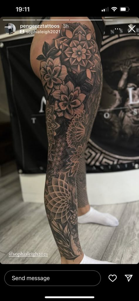 Woman Full Leg Tattoo, Tattoo Ideas For Leg Sleeve, Leg Sleeve Cover Up Tattoo, Leg Sleeves For Females Traditional, Leg Sleve Ideas Women, Woman Full Leg Sleeve Tattoo, Flower Mandala Leg Sleeve, Full Leg Women Tattoo, Female Full Leg Tattoos