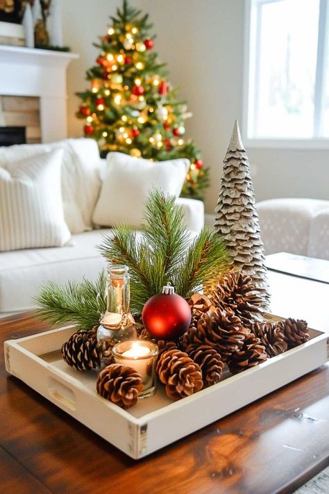 Pine Cone Christmas Decorations Table, Simple Christmas Decorations Living Room, Simple Christmas Centerpieces For Table, Christmas Decor For Small Apartment, Christmas Coffee Table, Christmas Coffee Table Decor, Christmas Centers, Christmas Accents, Coffee Table Decor