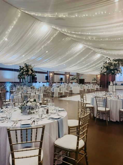 White Draped Walls Wedding, Hall Draping Wedding, Reception Draping Ideas, Hanging Tulle From Ceiling, Wedding Ceiling Draping With Lights, Ballroom Ceiling Decorations, Tulle Draping Wedding Ceiling Decor, Drapes On Ceiling, Wedding Drapery Ideas Ceilings