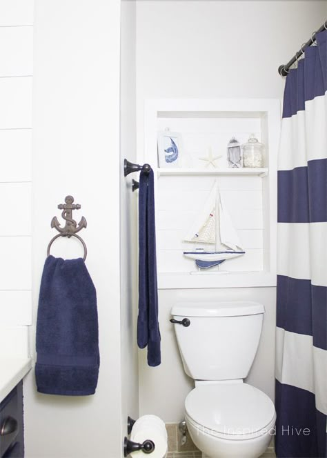 Nautical Bathroom Diy, Nautical Bathroom Ideas, Boys Bathroom Decor, Nautical Bathroom Decor, Nautical Bathroom, Bathroom Decor Ideas Themes, Diy Shiplap, Farmhouse Coastal, Nautical Bathrooms