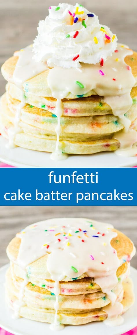 Pancakes Recipe Easy, Birthday Breakfast For Husband, Pancakes Birthday, Cake Batter Pancakes, Birthday Cake Pancakes, Funfetti Pancakes, Cake Mix Pancakes, Birthday Pancakes, Breakfast Birthday