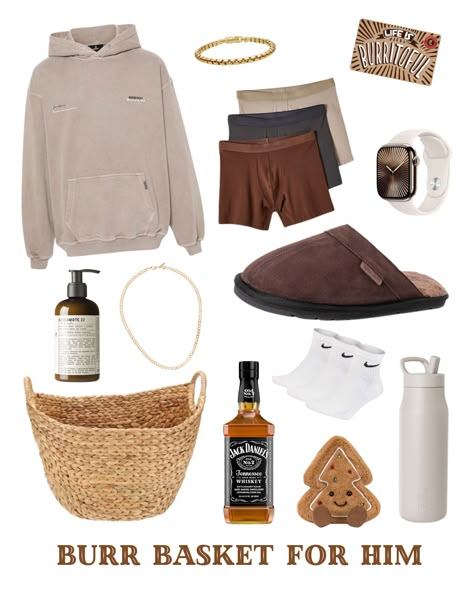 This Burr Basket for Him is all about comfort and style! Featuring a soft hoodie, cozy slippers, premium cologne, and a Hydro Flask, it’s perfect for winter relaxation. With essentials like socks, lounge boxers, a Chipotle gift card, and Jack Daniel’s whiskey, this basket combines everyday comfort with a touch of luxury. Ideal for any man who loves to unwind in style! 🎄✨ Men Burr Basket, Mens Burr Basket, Men’s Burr Basket, Love Basket For Him, Burr Basket For Him, Brr Basket For Men, Self Care Basket For Men, Boyfriend Gift Basket Christmas For Him, Slippers Gift Basket