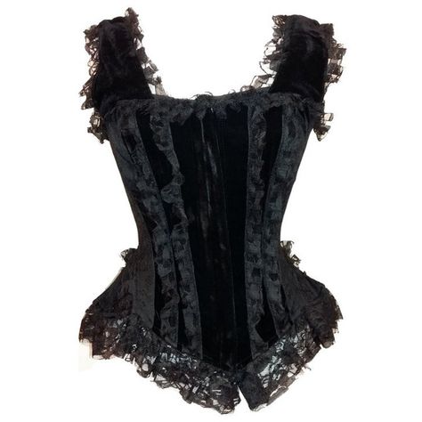 Athena Black Velvet Overbust Corset by Burleska ❤ liked on Polyvore featuring tops, flounce top, frilly tops, zipper top, zip top and flutter-sleeve top Goth Corset Outfit, Front Lace Corset, Front Lace Up Corset, Zipper Corset, Armadura Cosplay, Gothic Tops, Velvet Corset, Corset Outfit, Goth Corset