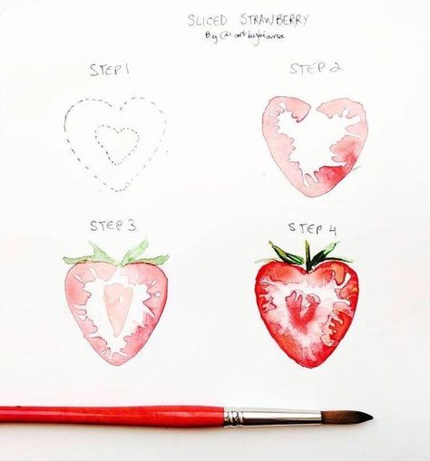 How to paint a watercolor strawberry cross section. Watercolour Strawberry, Strawberry Drawing, Strawberry Watercolor, Step By Step Watercolor, Flower Drawing Tutorials, Watercolor Fruit, Watercolor Tutorials, Tableau Art, 수채화 그림