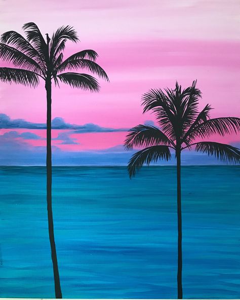 Painting Palm Trees Acrylics, Pink Palm Tree Painting, Paintings Of Palm Trees Tropical, Colorful Palm Tree Painting, Pink Beach Sunset Painting, Miami Sunset, Art Tropical, Tropical Painting, Canvas Drawings