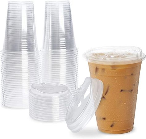 Amazon.com: [50 Pack] Disposable Strawless Plastic Cups with Lids - 24 Oz Clear Plastic Cups and Sippy Cups Lids, Perfect Eco-Friendly To Go Cups for Iced Coffee, Smoothies, Soda Party Drinks and Cafe Essentials: Kitchen & Dining Cafe Essentials, Plastic Cups With Lids, Plastic Coffee Cups, Kitchen Essentials List, Clear Plastic Cups, Desain Pantry, Cups With Lids, Clear Cups, Gadgets Kitchen Cooking