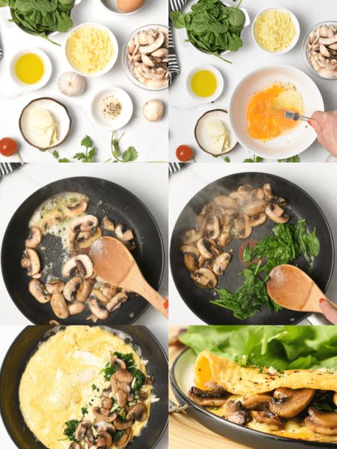 This Easy Spinach Mushroom Omelette is an delicious keto vegetarian breakfast recipe easy to whip in 10 minutes everyday of the week. Plus, this omelette recipe has a dairy-free option too! Vegetarian Breakfast Recipes Easy, Egg Omelette Recipe, Healthy Omelette, Omlet Recipes, Omelette Recipe Easy, Mushroom Omelette, How To Make Spinach, Spinach Mushroom, Veggie Omelette