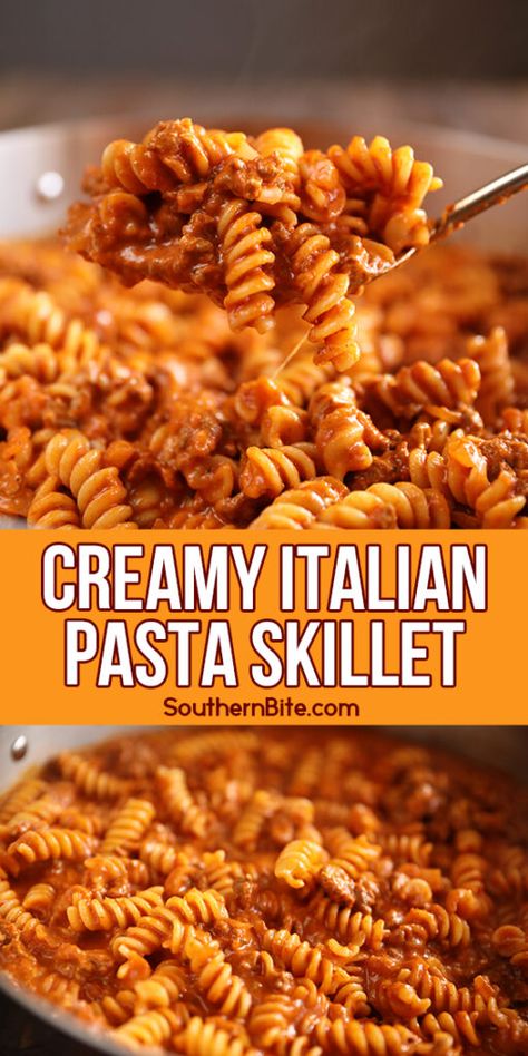 This recipe for my Creamy Italian Pasta Skillet combines ground beef, jarred sauce, pasta, cheese, cream, onions, and garlic to create a skillet pasta meal that's quick an easy - making it perfect for those busy weeknights! Ground Beef Pasta With Cream Cheese, Creamy Garlic Beef Pasta, Skillet Pasta Recipes, Creamy Italian Pasta, Cream Onions, Ground Beef Pasta Recipes, Pasta Marinara, Creamy Spaghetti, Pasta Skillet